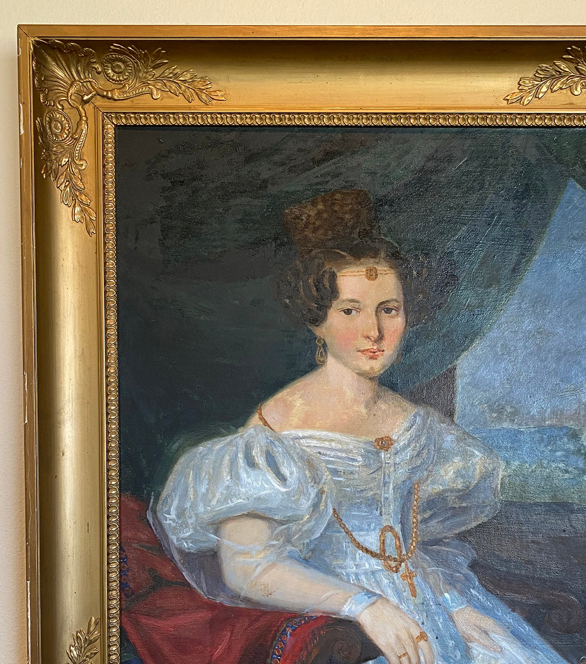 Antique French Empire Frame 33" x 28.5" with Oil Painting Portrait of a Lady, extra Pastel Sketch on Back