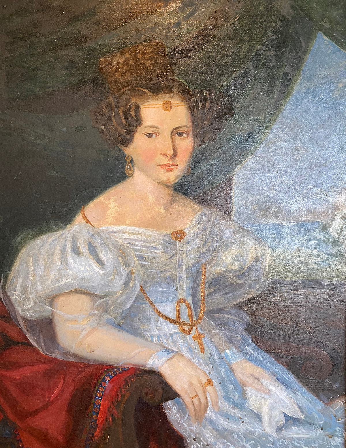 Antique French Empire Frame 33" x 28.5" with Oil Painting Portrait of a Lady, extra Pastel Sketch on Back