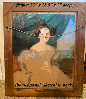 Antique French Empire Frame 33" x 28.5" with Oil Painting Portrait of a Lady, extra Pastel Sketch on Back