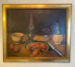 Antique French Oil Painting, Still Life with Lobster & Wine, Artist Signed, 1911, Gold Frame 28" x 24"