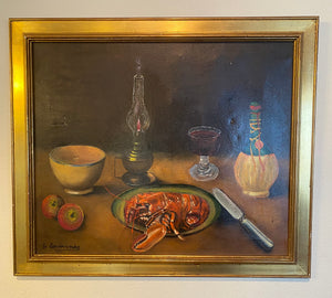 Antique French Oil Painting, Still Life with Lobster & Wine, Artist Signed, 1911, Gold Frame 28" x 24"