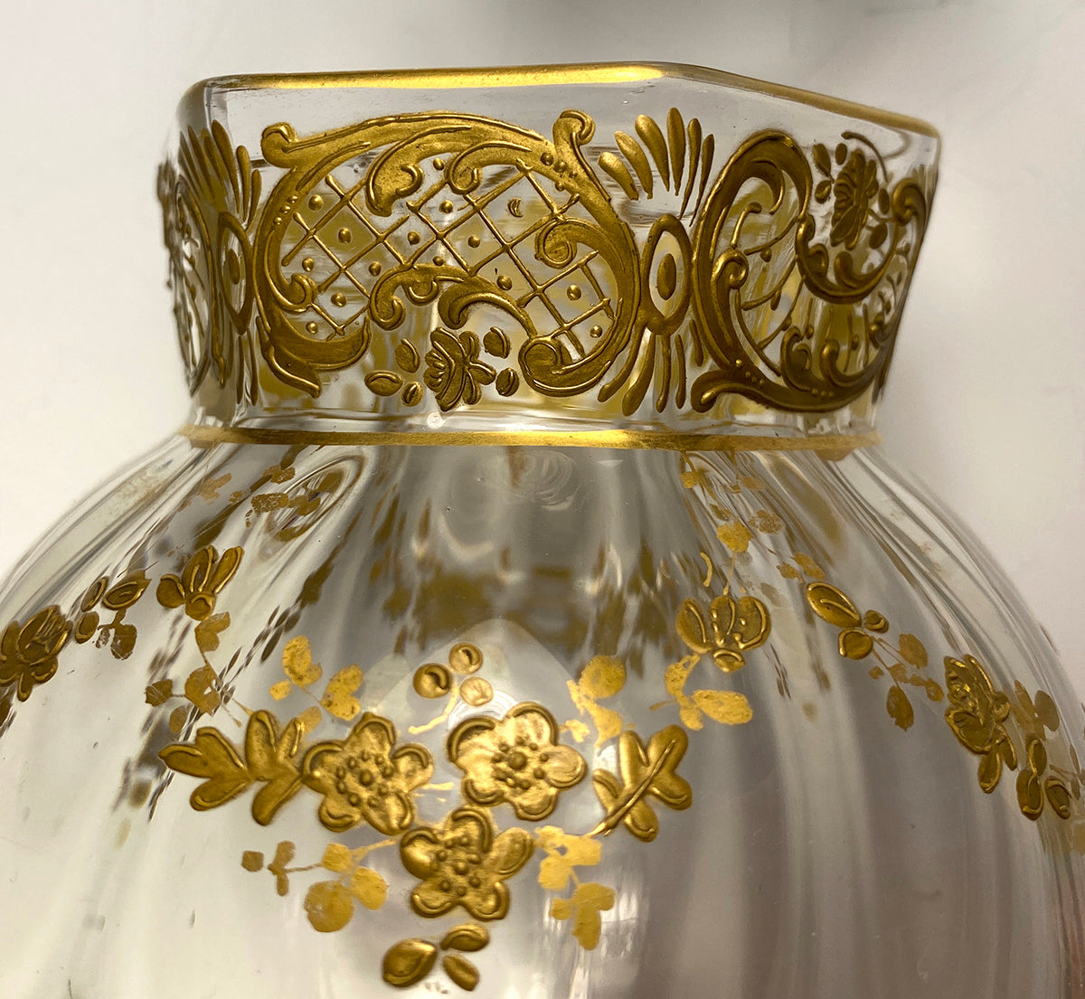 Antique French Baccarat or St. Louis Rose Bowl, Vase, Opulent Raised Gold Enamel Glass