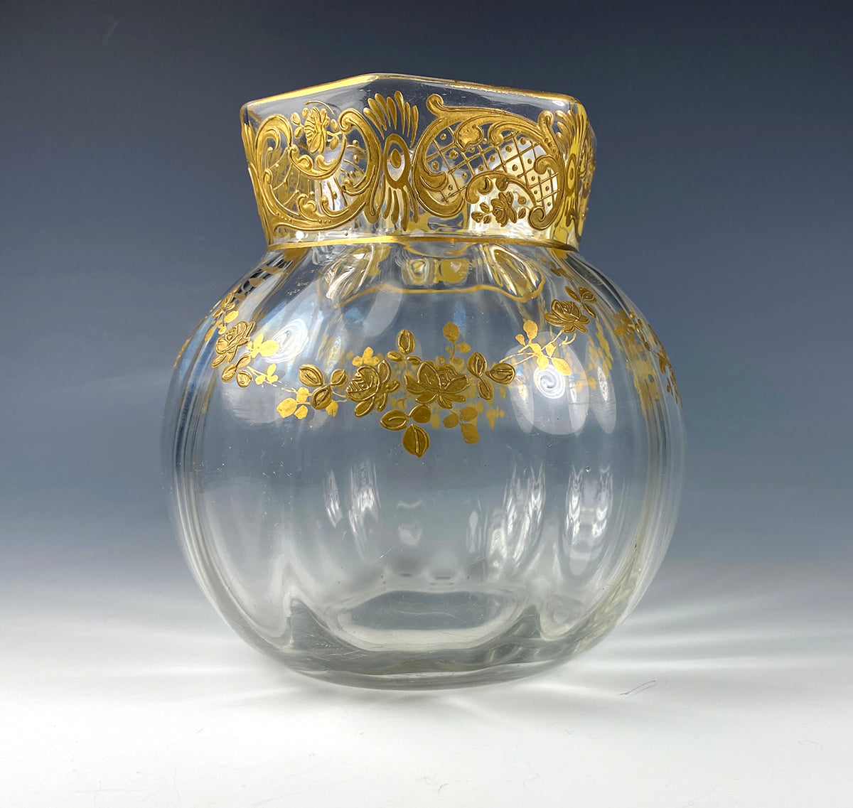 Antique French Baccarat or St. Louis Rose Bowl, Vase, Opulent Raised Gold Enamel Glass