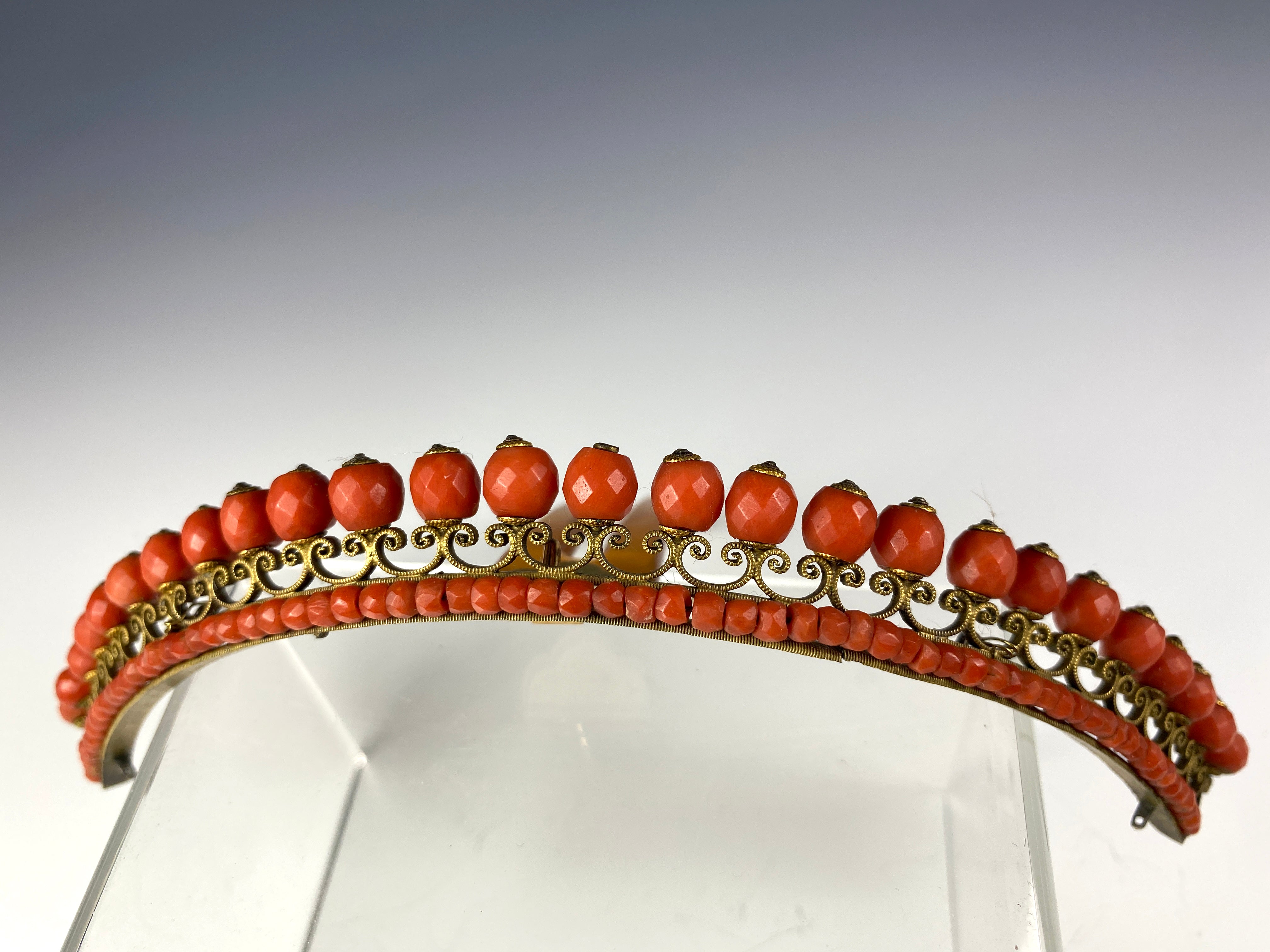 Antique French Empire Tiara in Red Coral with Swivel Comb to Set into Hair in Any Angle