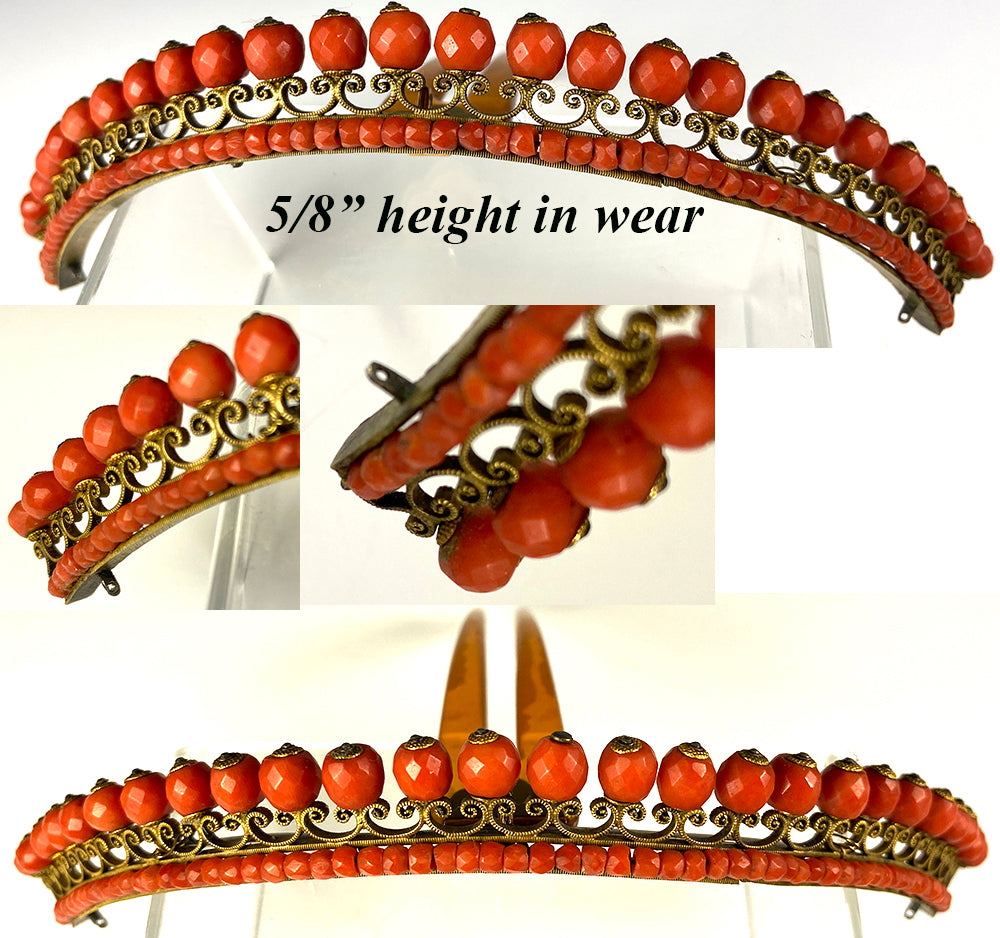 Antique French Empire Tiara in Red Coral with Swivel Comb to Set into Hair in Any Angle