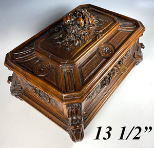 Large 13.5" Hand Carved Swiss Black Forest Table or Sewing Box, Cabriole Legs, Flowers