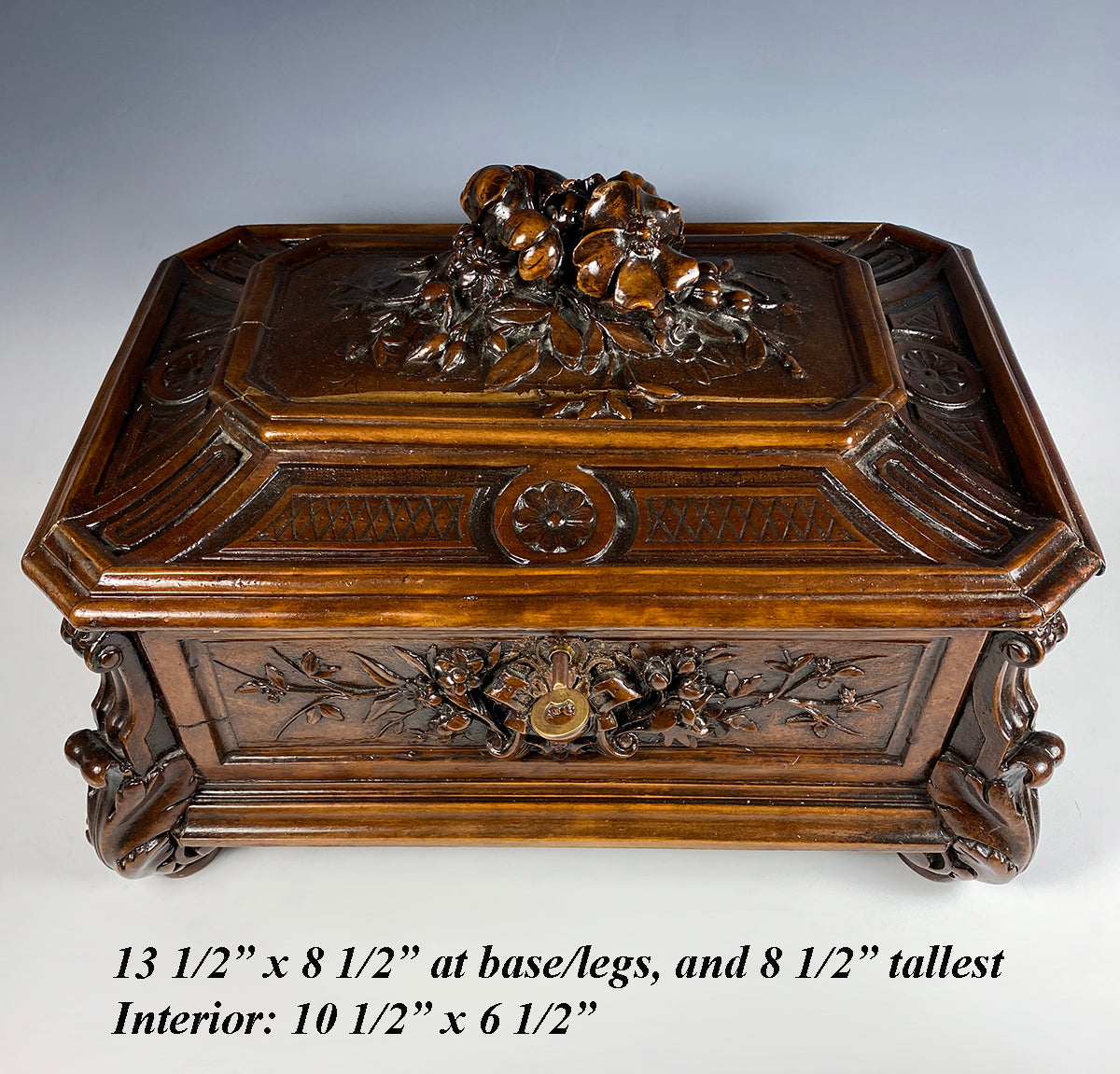 Large 13.5" Hand Carved Swiss Black Forest Table or Sewing Box, Cabriole Legs, Flowers