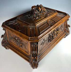 Large 13.5" Hand Carved Swiss Black Forest Table or Sewing Box, Cabriole Legs, Flowers