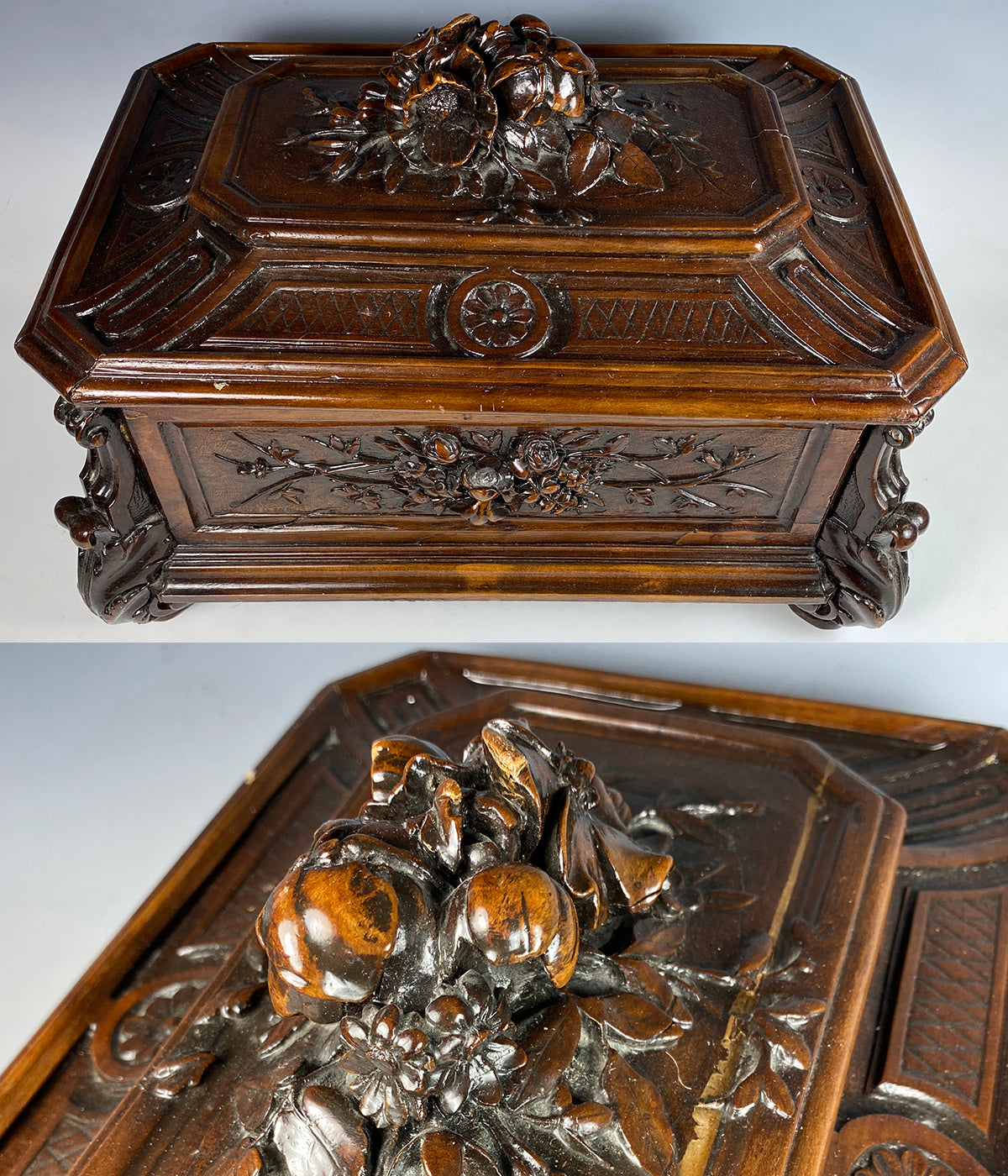 Large 13.5" Hand Carved Swiss Black Forest Table or Sewing Box, Cabriole Legs, Flowers