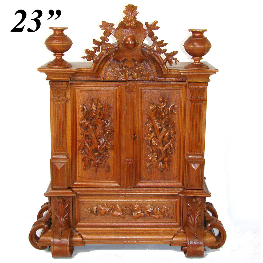 Antique Black Forest Carved 23.25" Table Cabinet, Box or Chest, Torch, Quiver & Arrow Accents