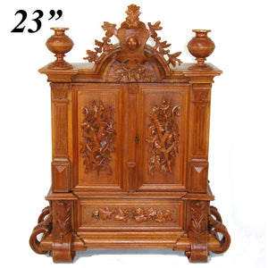 Antique Black Forest Carved 23.25" Table Cabinet, Box or Chest, Torch, Quiver & Arrow Accents