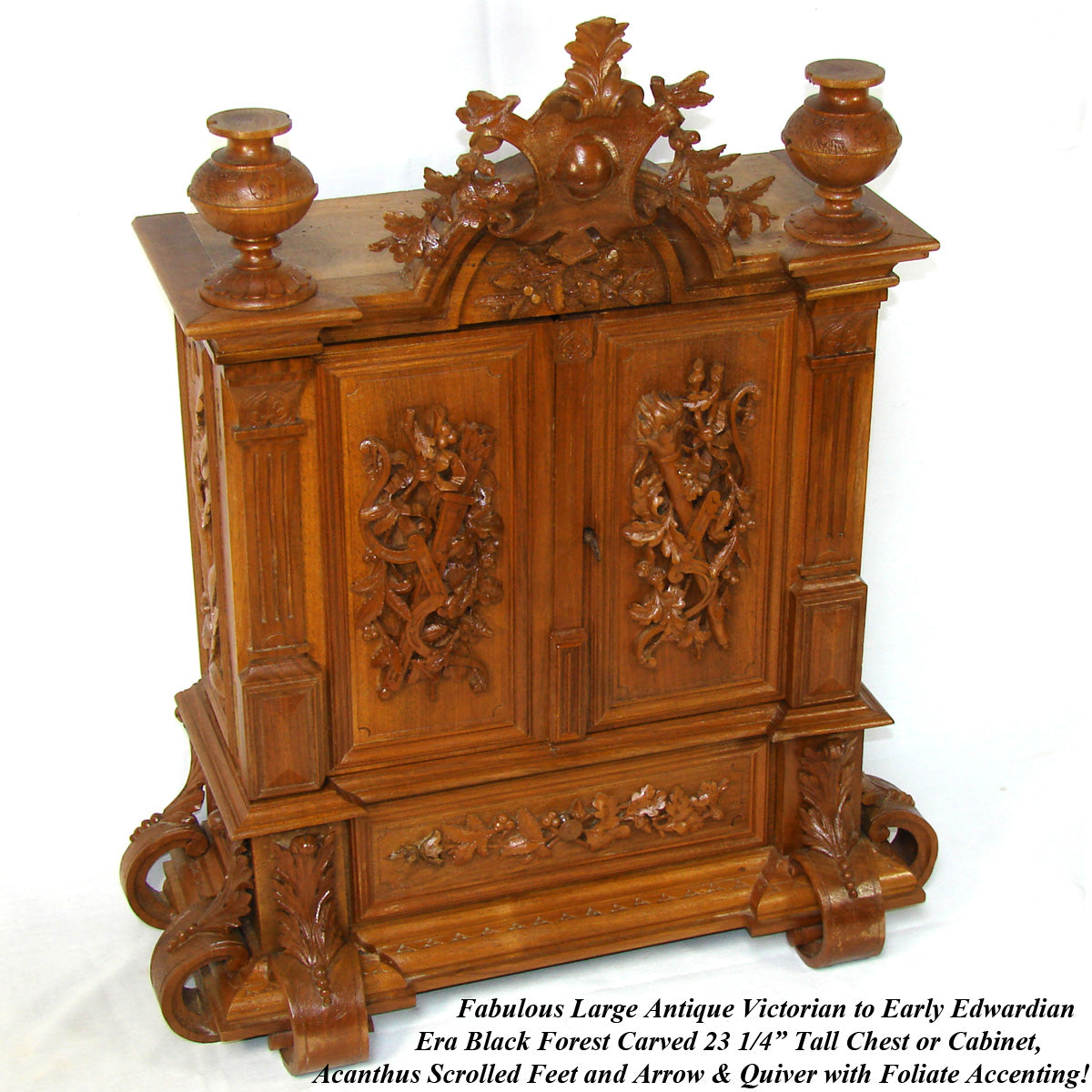 Antique Black Forest Carved 23.25" Table Cabinet, Box or Chest, Torch, Quiver & Arrow Accents