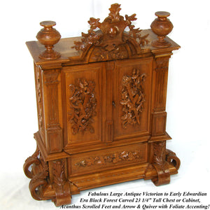 Antique Black Forest Carved 23.25" Table Cabinet, Box or Chest, Torch, Quiver & Arrow Accents