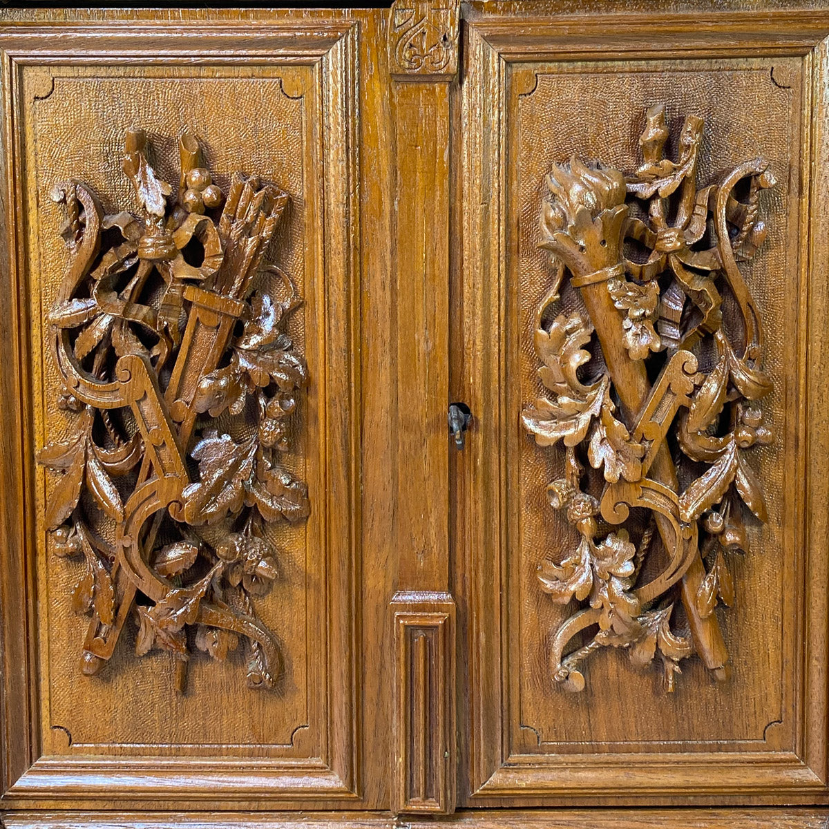 Antique Black Forest Carved 23.25" Table Cabinet, Box or Chest, Torch, Quiver & Arrow Accents