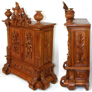 Antique Black Forest Carved 23.25" Table Cabinet, Box or Chest, Torch, Quiver & Arrow Accents