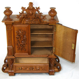 Antique Black Forest Carved 23.25" Table Cabinet, Box or Chest, Torch, Quiver & Arrow Accents