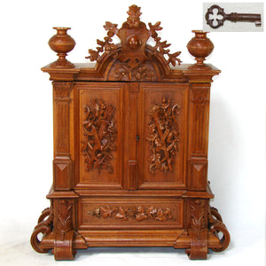 Antique Black Forest Carved 23.25" Table Cabinet, Box or Chest, Torch, Quiver & Arrow Accents