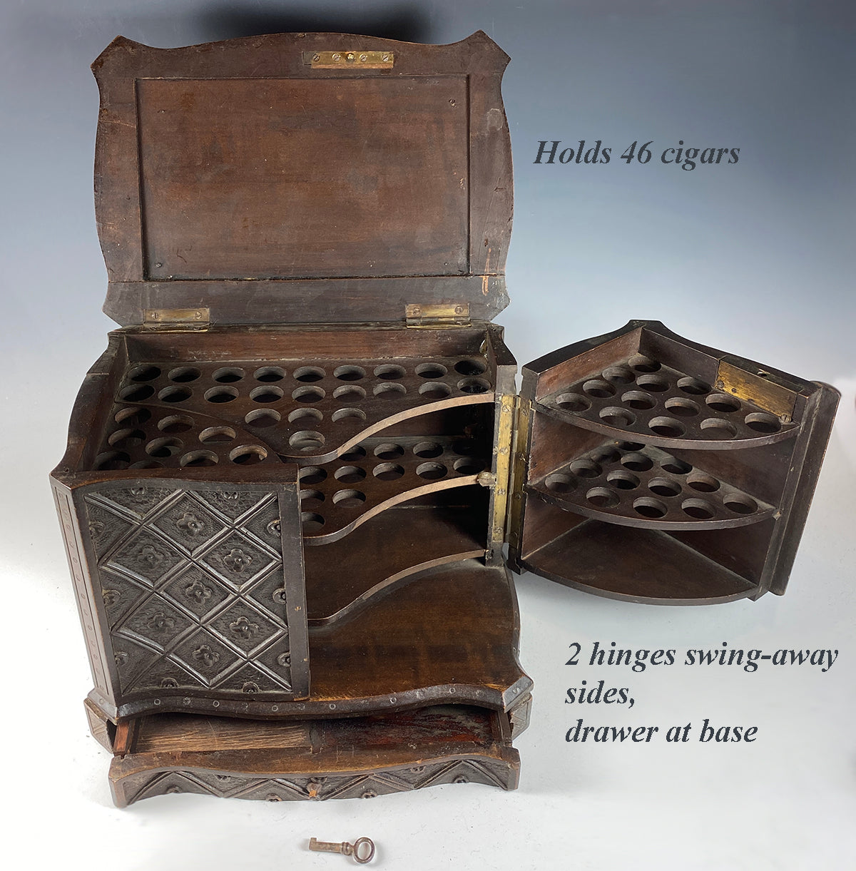 Antique 19th c. Swiss Black Forest Cigar Chest Animalier Fan Tail Pheasants up Top, 46 cigars