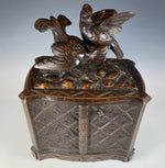 Antique 19th c. Swiss Black Forest Cigar Chest Animalier Fan Tail Pheasants up Top, 46 cigars