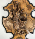 Antique Hand Carved Swiss Black Forest Plaque Fruits of the Hunt Match Holder, Striker with Rabbit, Gun