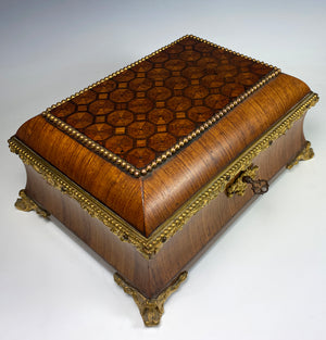 Antique French Napoleon III Kingwood Parquet Jewelry Box, Chest, Lock and Key