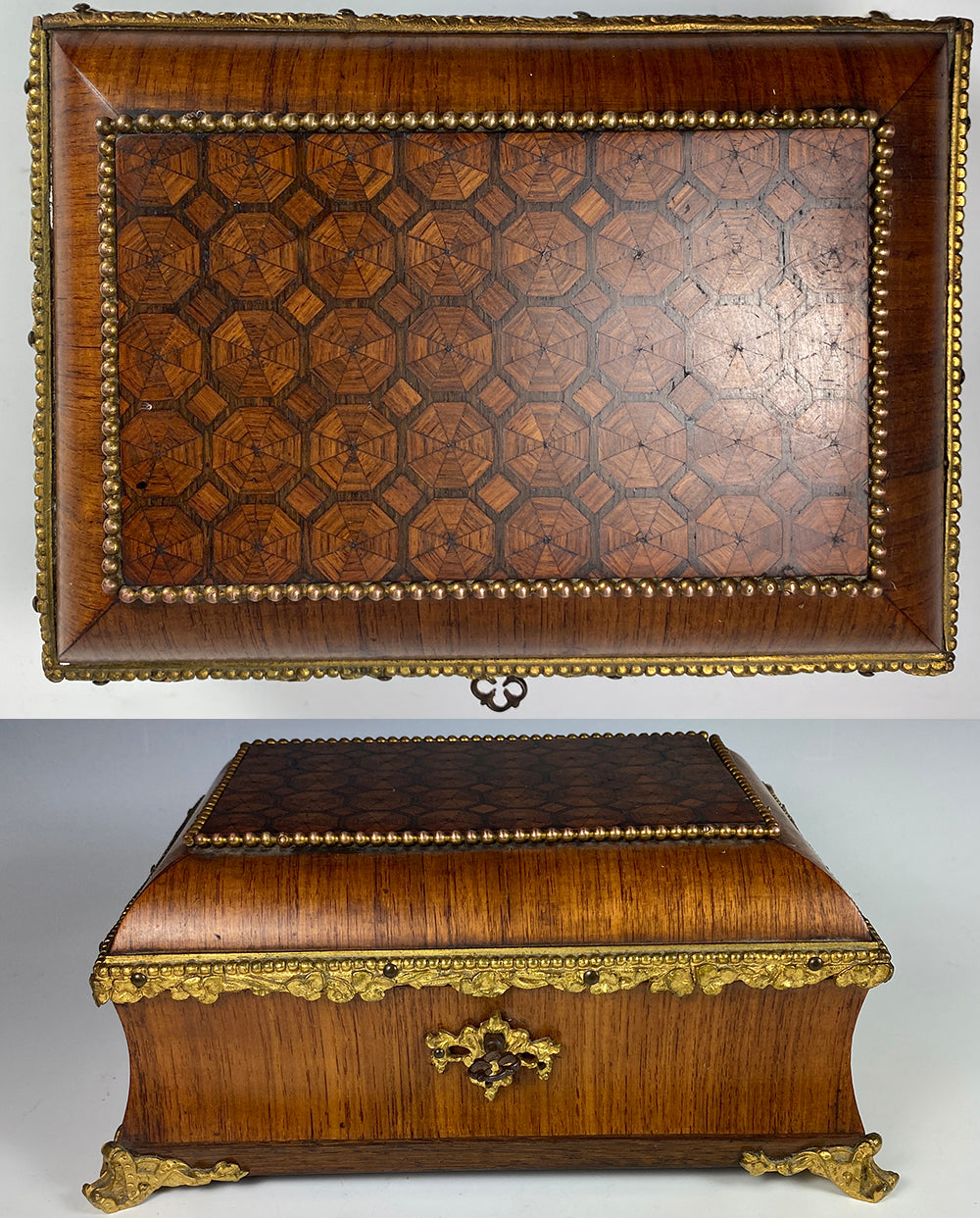 Antique French Napoleon III Kingwood Parquet Jewelry Box, Chest, Lock and Key