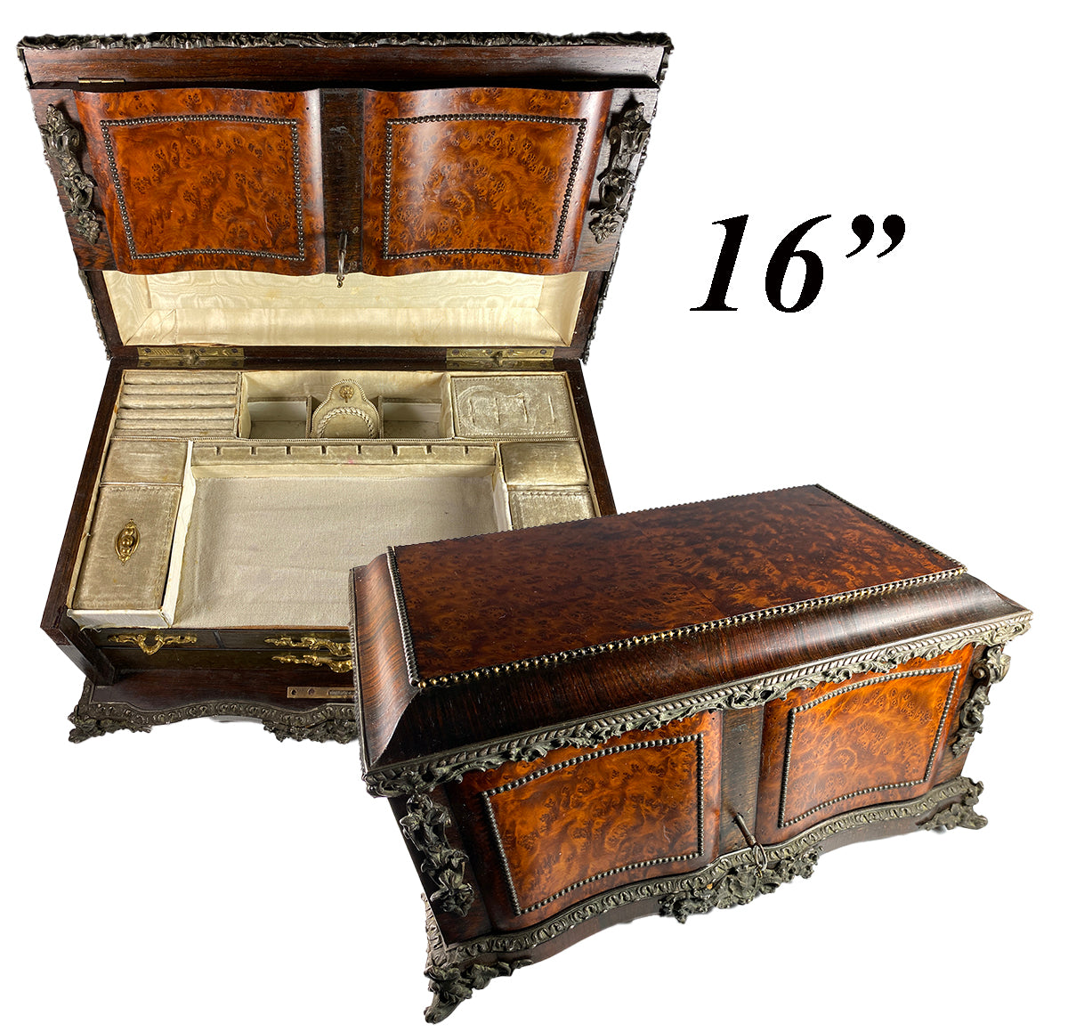 Superb Antique French 16" Large Jewelry Chest, Box, 4 Drawers,Napoleon III Era, Alphonse GIROUX