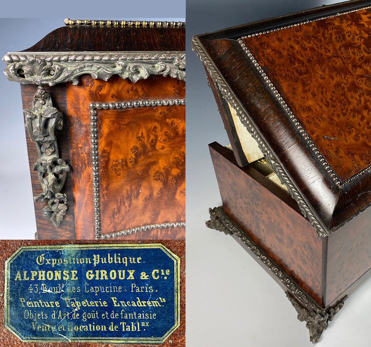 Superb Antique French 16" Large Jewelry Chest, Box, 4 Drawers,Napoleon III Era, Alphonse GIROUX