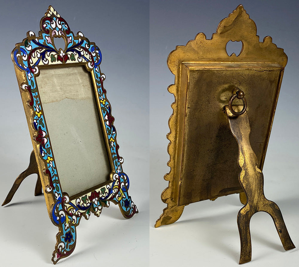 Antique French Champleve Kiln-fired Enamel Easel Frame, Carte de Visite, Napoleon III