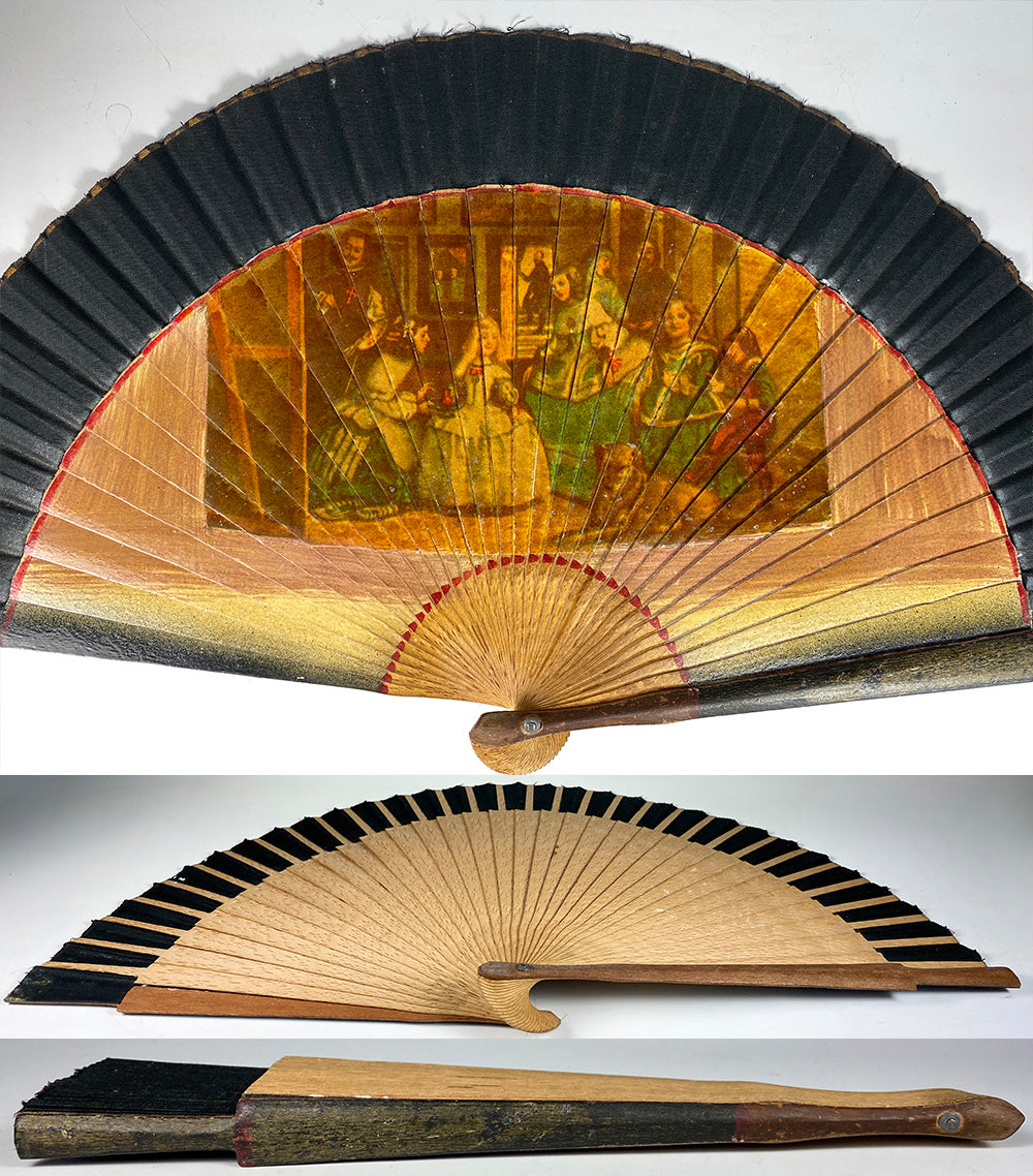 Antique Spanish Hand Fan, Excellent Condition Wood, Linen, Transfer Print of Valásquez Art - Las Meninas