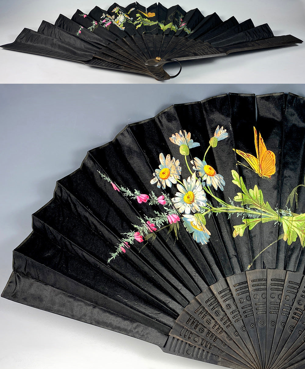 Antique French Hand Painted Silk and Wood Hand Fan 28cm Guards, c.1890-1910