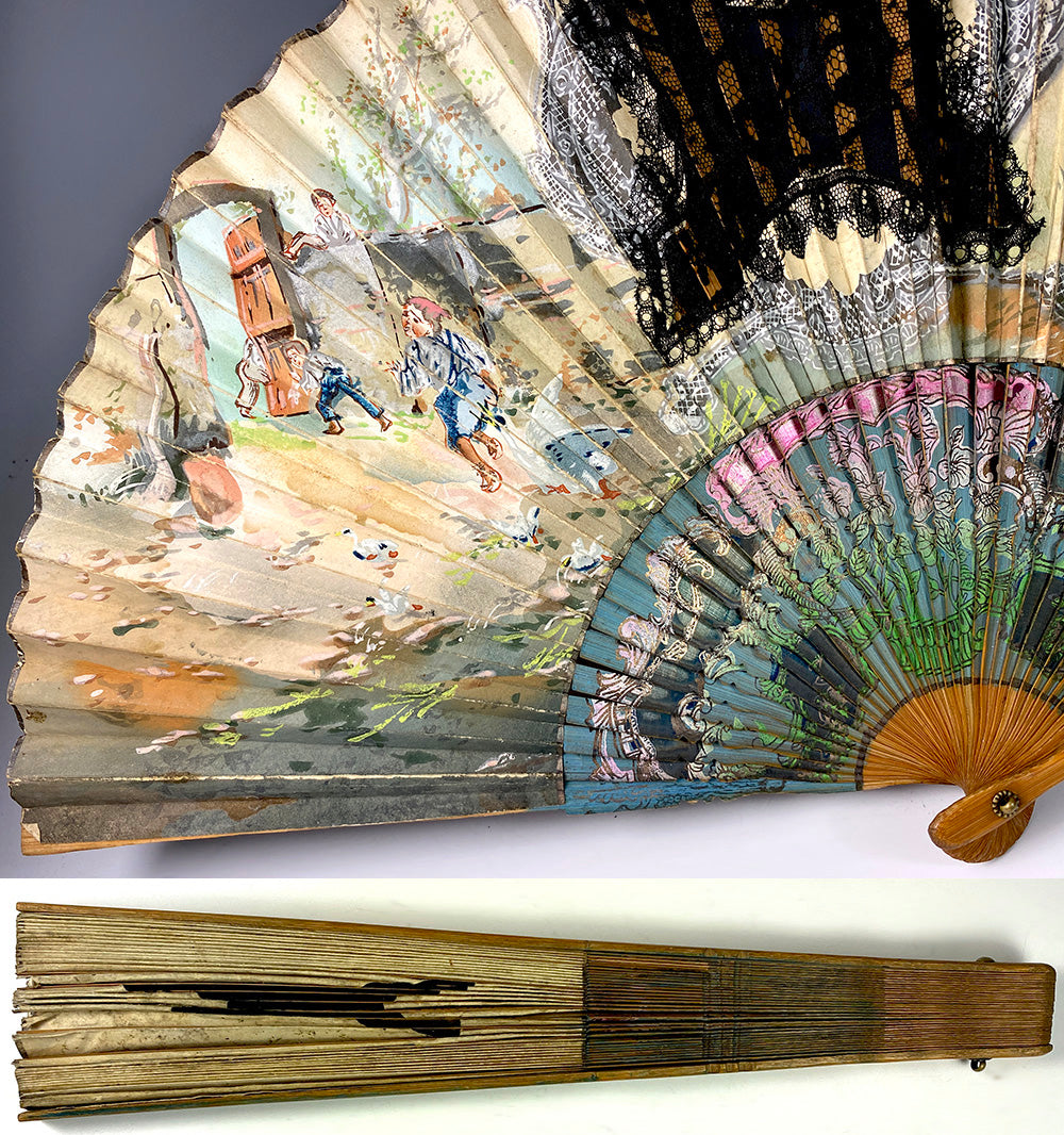 Antique Grand Tour Souvenir Hand Fan, c.1900, Japanese Bamboo with Hand Painted Leaf, Likely European