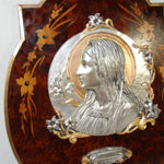 Lg Antique French Napoleon III Era Benitier or Holy Water Font, Figural & Marquetry Inlay