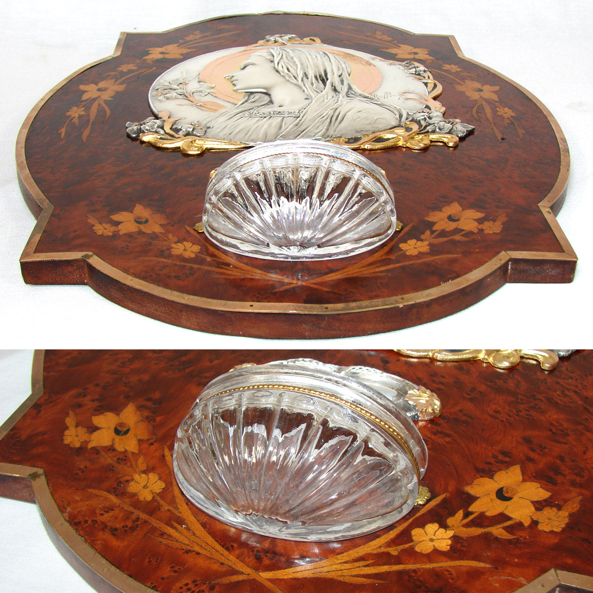 Lg Antique French Napoleon III Era Benitier or Holy Water Font, Figural & Marquetry Inlay