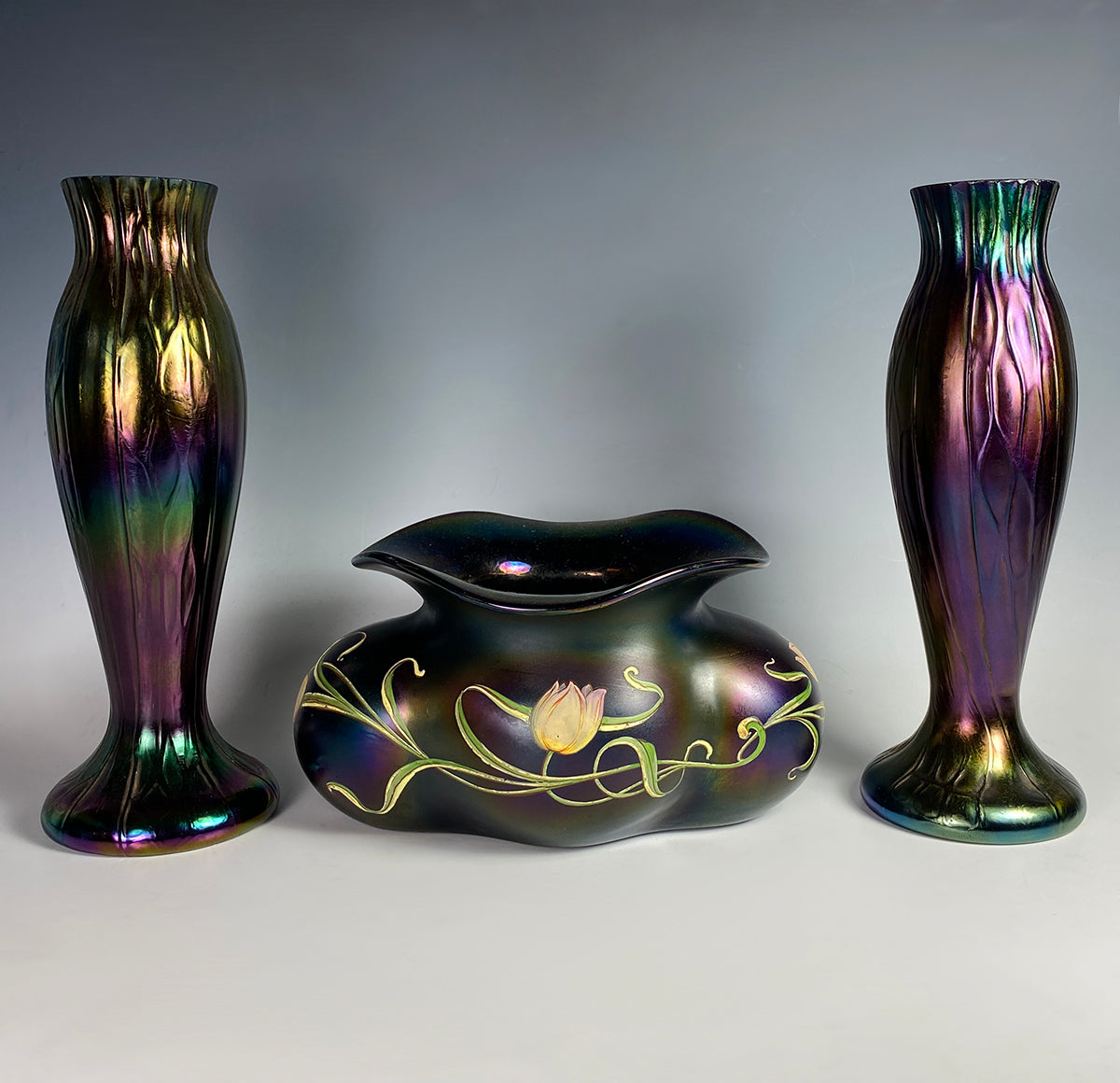 PAIR: Antique Kralik Iridescent Honeycomb Art Nouveau Bohemian Art Glass Vases (2)