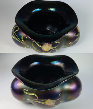 Antique Art Nouveau Bohemian HARRACH Iridescent Blown and Enameled Glass Jardinaire, Centerpiece