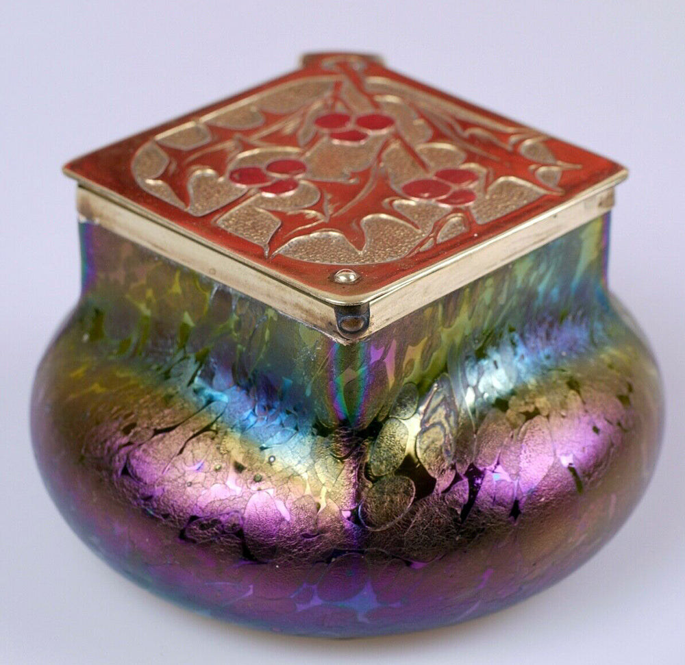 RARE Antique Art Nouveau Iridescent Glass Powder Jar, Jewelry Box by Josef Rindskopf’s Sohne AG