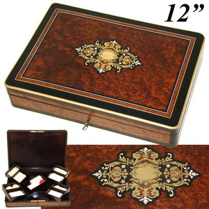 Antique French Napoleon III Era 12" Boulle Gaming or Card Playing Box, c.1850, Gaming Tokens