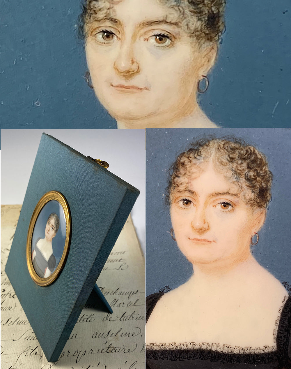 Antique French Portrait Miniature, c.1790-1810 Woman With Red Sash, Guillotine, Titus Haircut