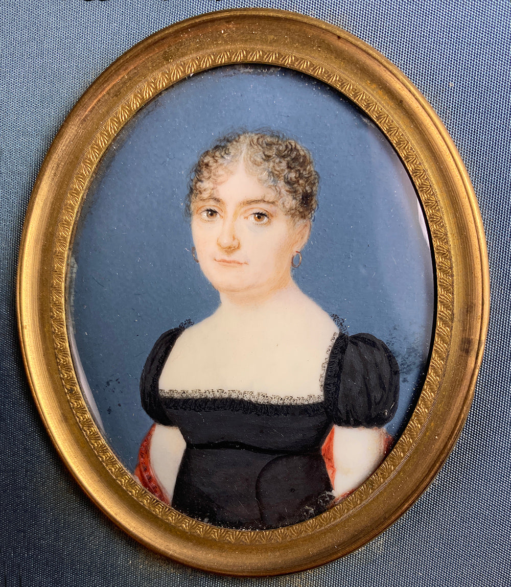 Antique French Portrait Miniature, c.1790-1810 Woman With Red Sash, Guillotine, Titus Haircut