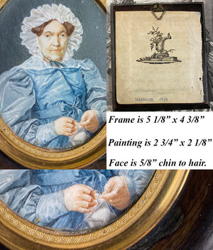 Antique French Portrait Miniature, c.1830s Matron, Lace Bonnett, Knitting 3 Needles