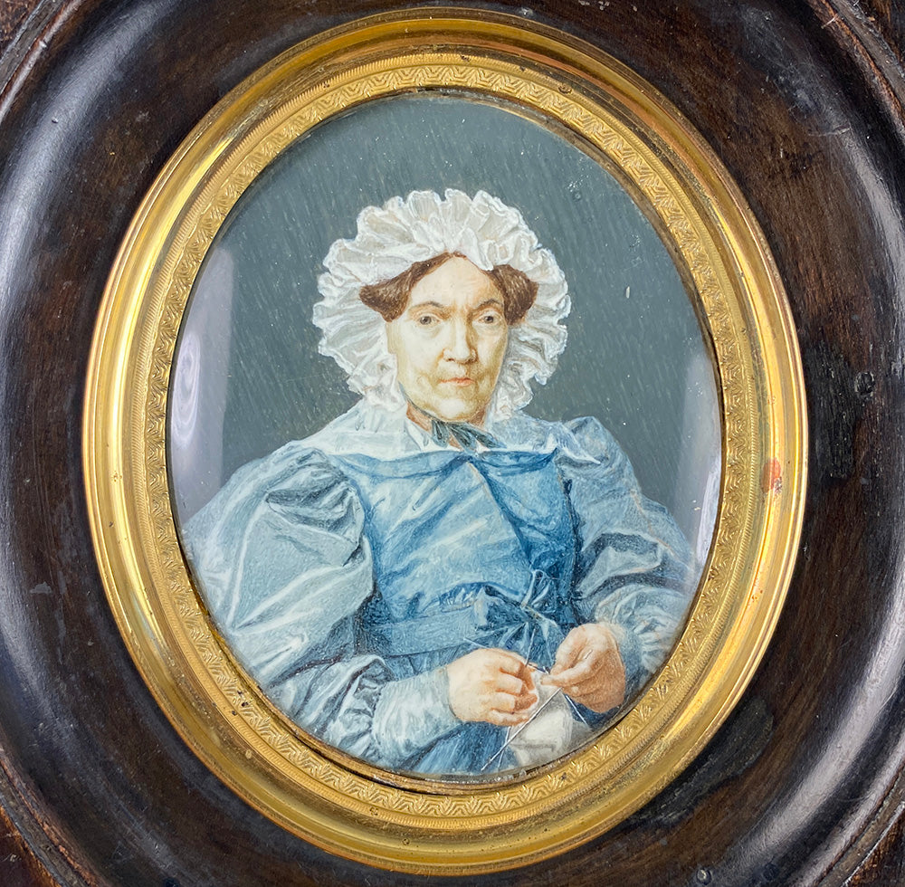 Antique French Portrait Miniature, c.1830s Matron, Lace Bonnett, Knitting 3 Needles