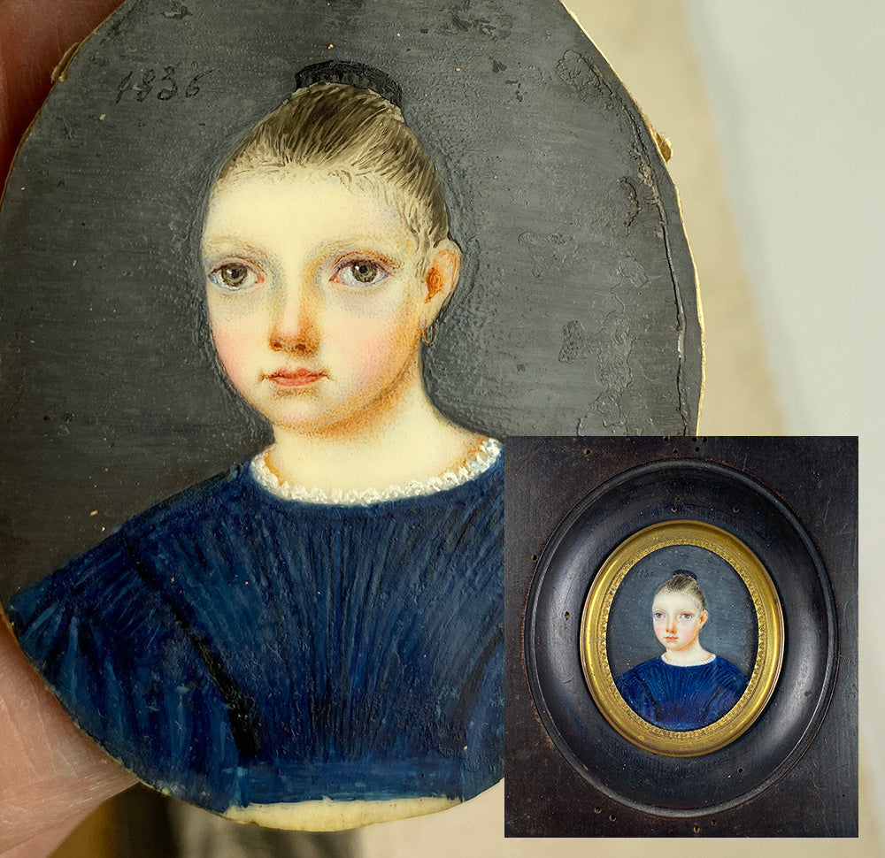 Antique French Portrait Miniature of a Beautiful child, Young Girl, c.1836, Id'd Charlotte de Bremoy