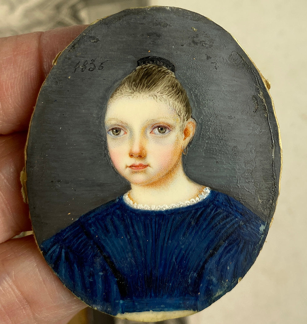 Antique French Portrait Miniature of a Beautiful child, Young Girl, c.1836, Id'd Charlotte de Bremoy