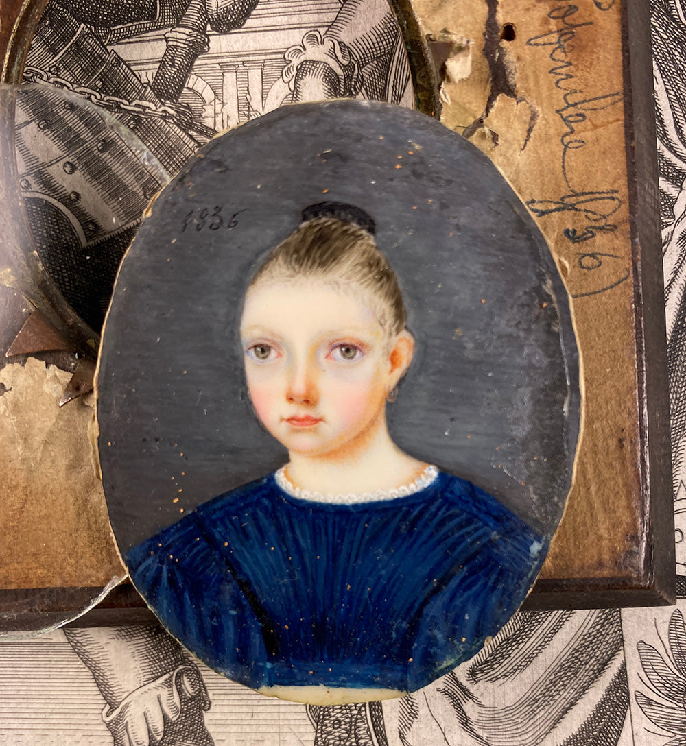 Antique French Portrait Miniature of a Beautiful child, Young Girl, c.1836, Id'd Charlotte de Bremoy