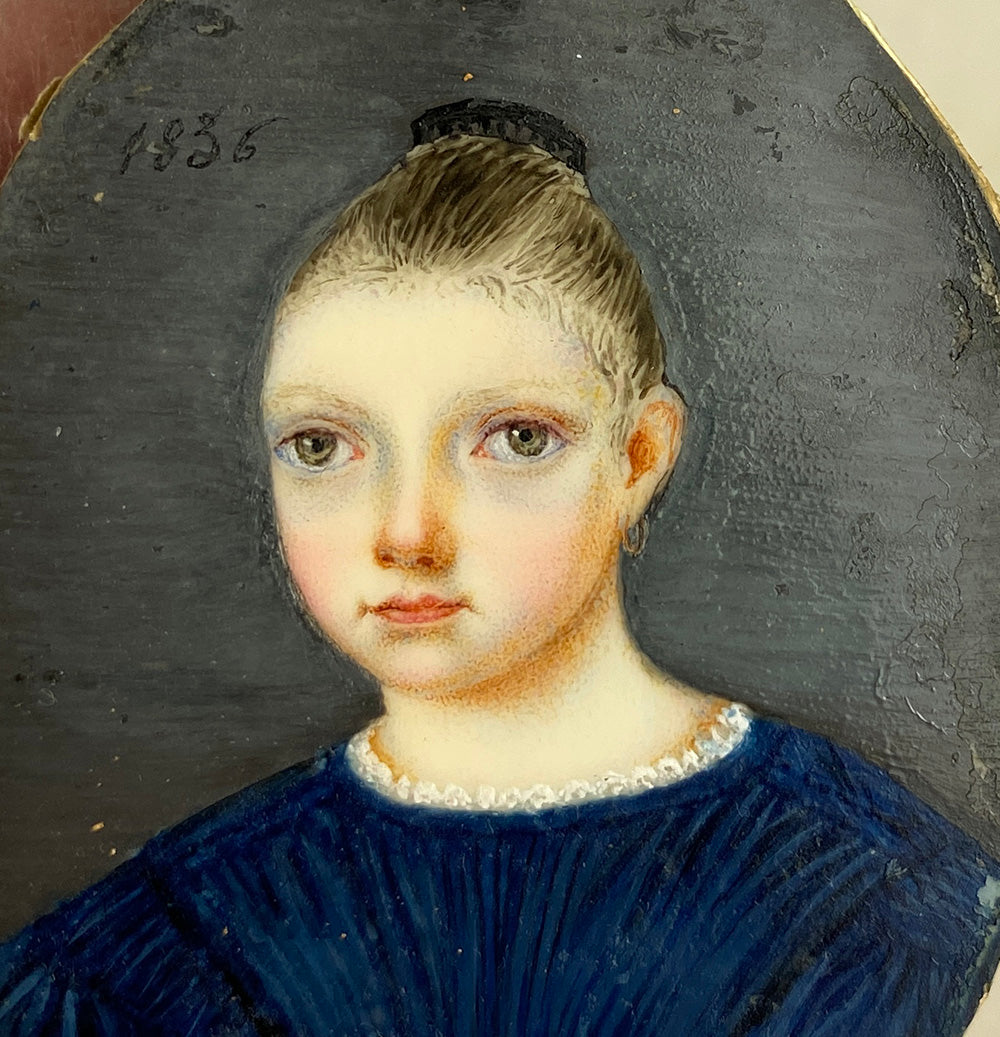 Antique French Portrait Miniature of a Beautiful child, Young Girl, c.1836, Id'd Charlotte de Bremoy