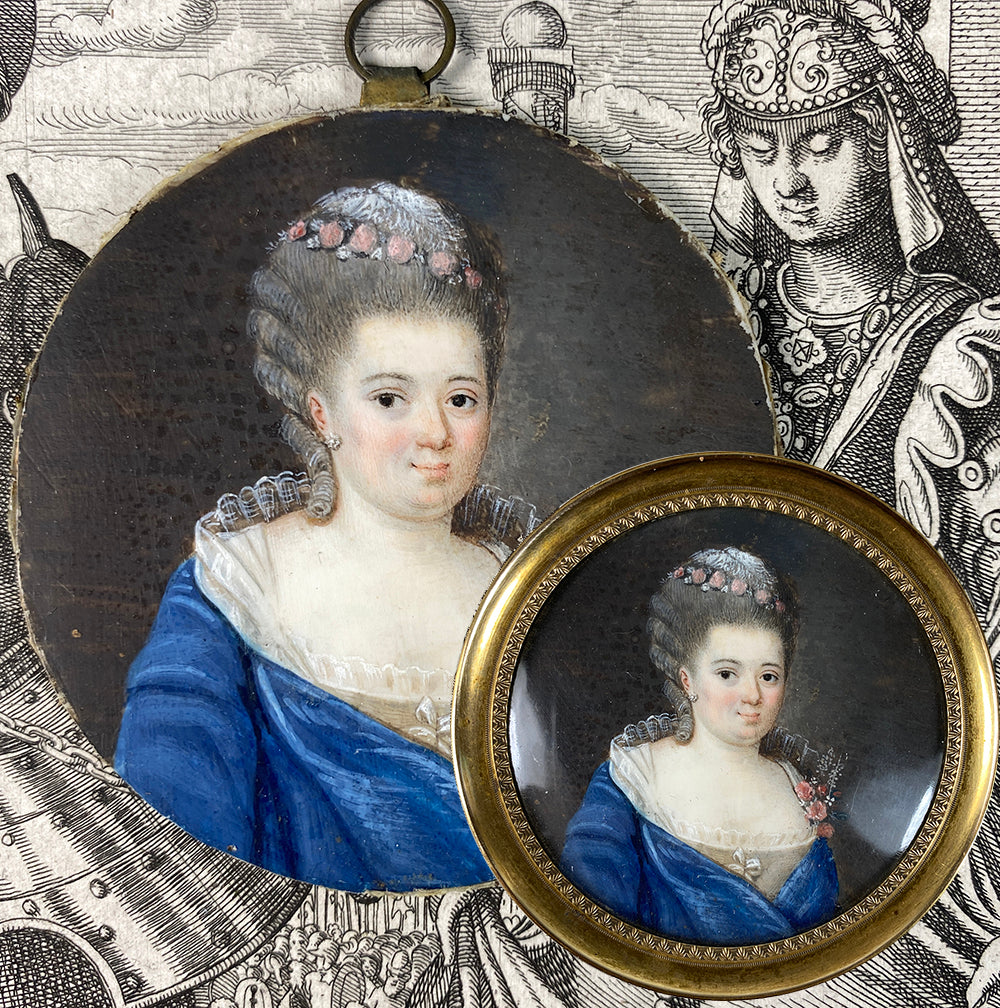 Antique c.1770s French Portrait Miniature, Woman in Blue Gown with Lace, Open Bodice