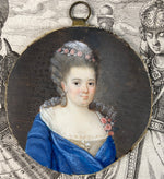 Antique c.1770s French Portrait Miniature, Woman in Blue Gown with Lace, Open Bodice