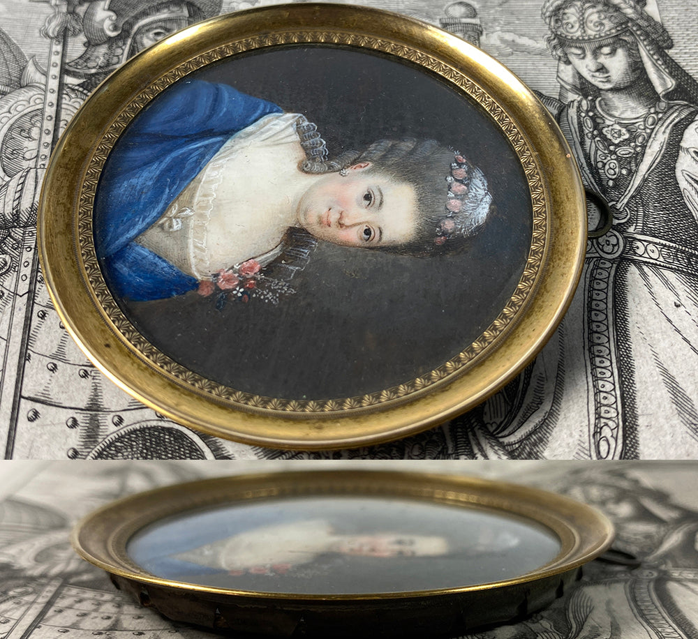 Antique c.1770s French Portrait Miniature, Woman in Blue Gown with Lace, Open Bodice