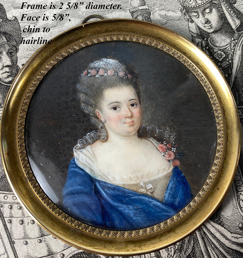 Antique c.1770s French Portrait Miniature, Woman in Blue Gown with Lace, Open Bodice